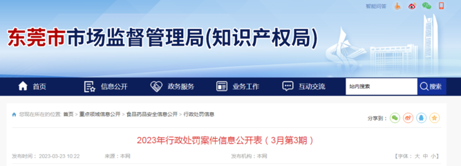 廣東省東莞市市場(chǎng)監(jiān)管局公開2023年行政處罰案件信息(3月第3期)